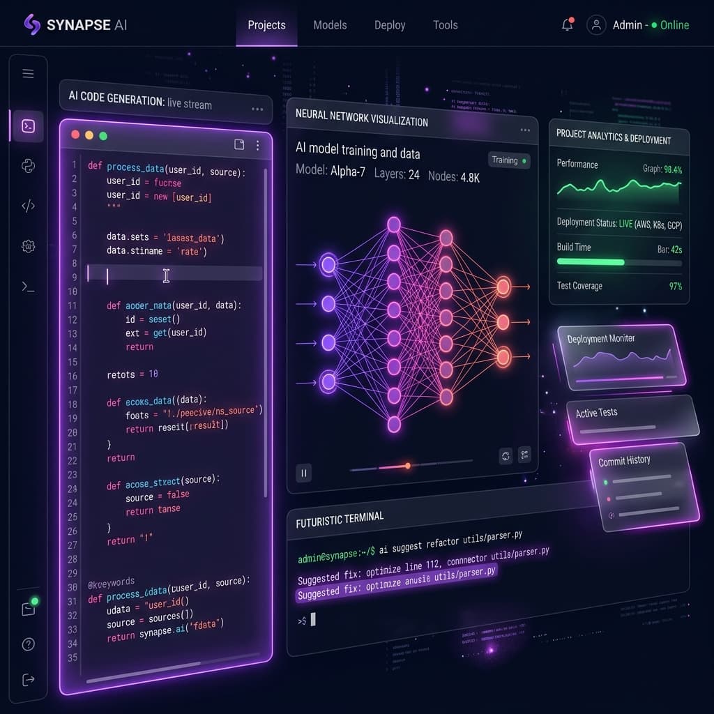AI-powered development dashboard with real-time code generation, neural network visualization, and analytics
