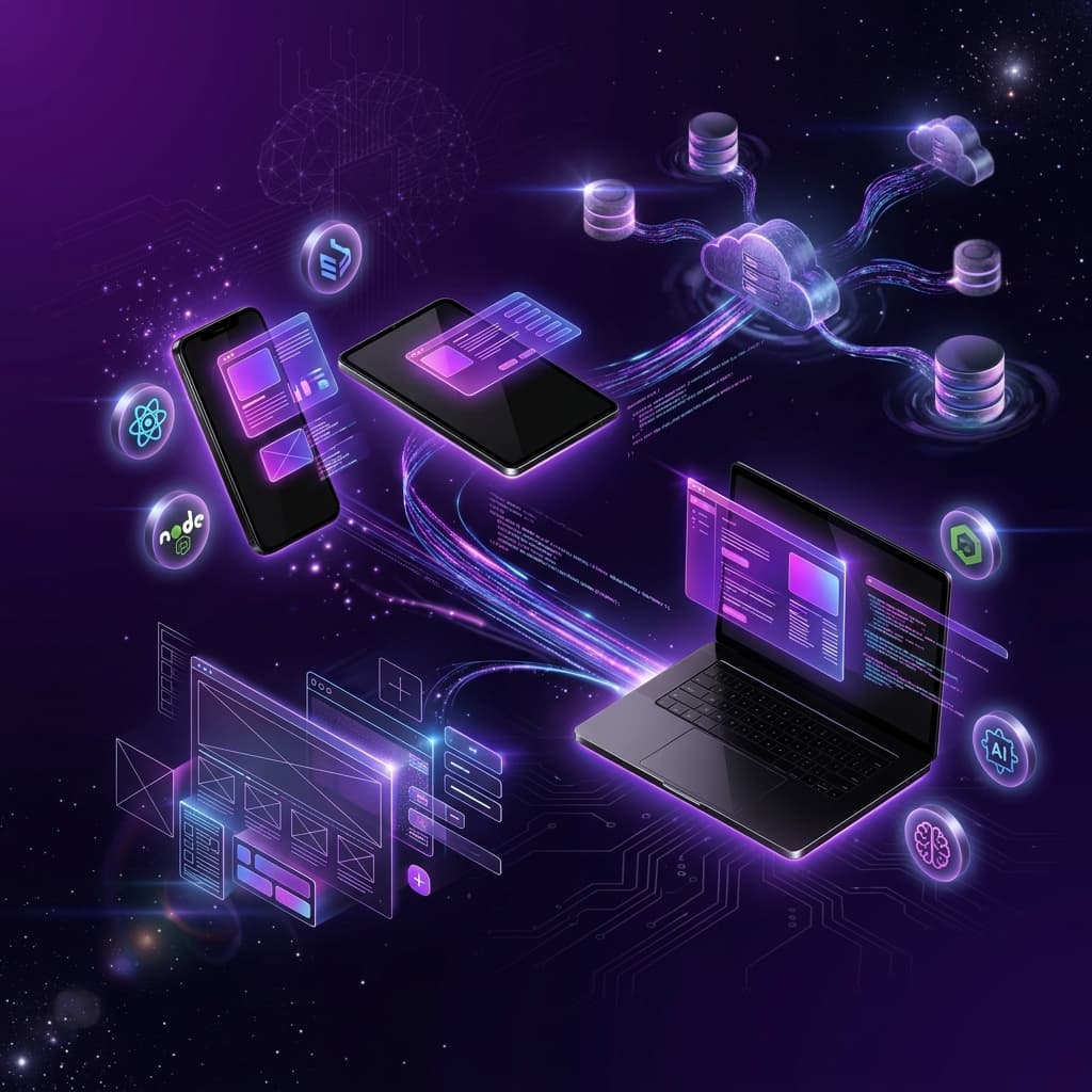 Multi-platform app development pipeline showing web, mobile and cloud applications