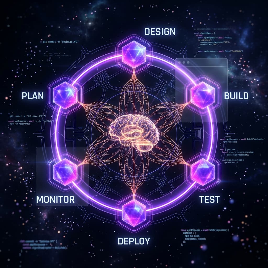 AI-powered SDLC visualization showing all 6 phases of software development